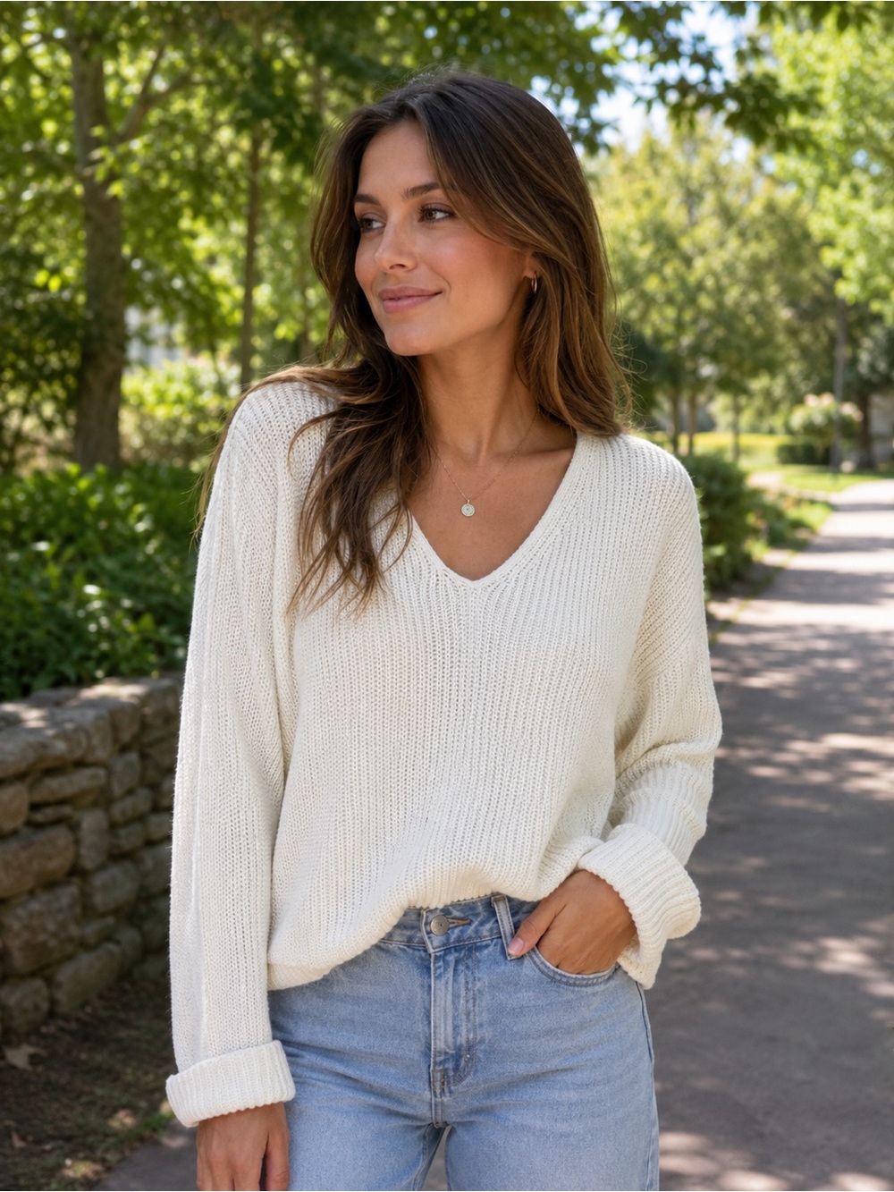 Freshman Cream V-Neck Relaxed Knit Sweater